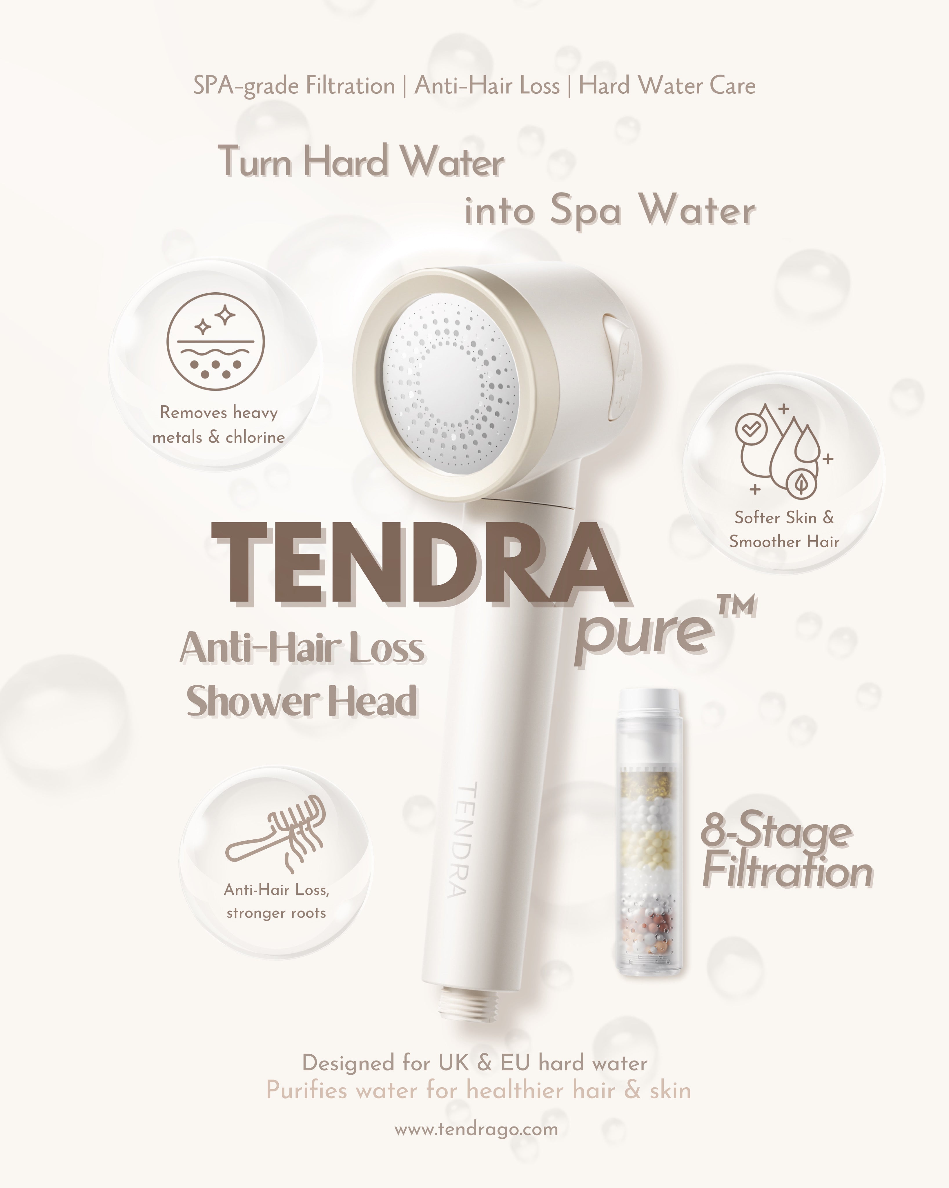TENDRA Pure™ 8-Stage Anti-Hair Loss Spa Filter Shower Head (KDF55 + Calcium Sulfite + Vitamin C + Silver Ions + Maifan Stone + Mineral Balls + Far Infrared + PP Cotton — Designed for UK/EU Hard Water)